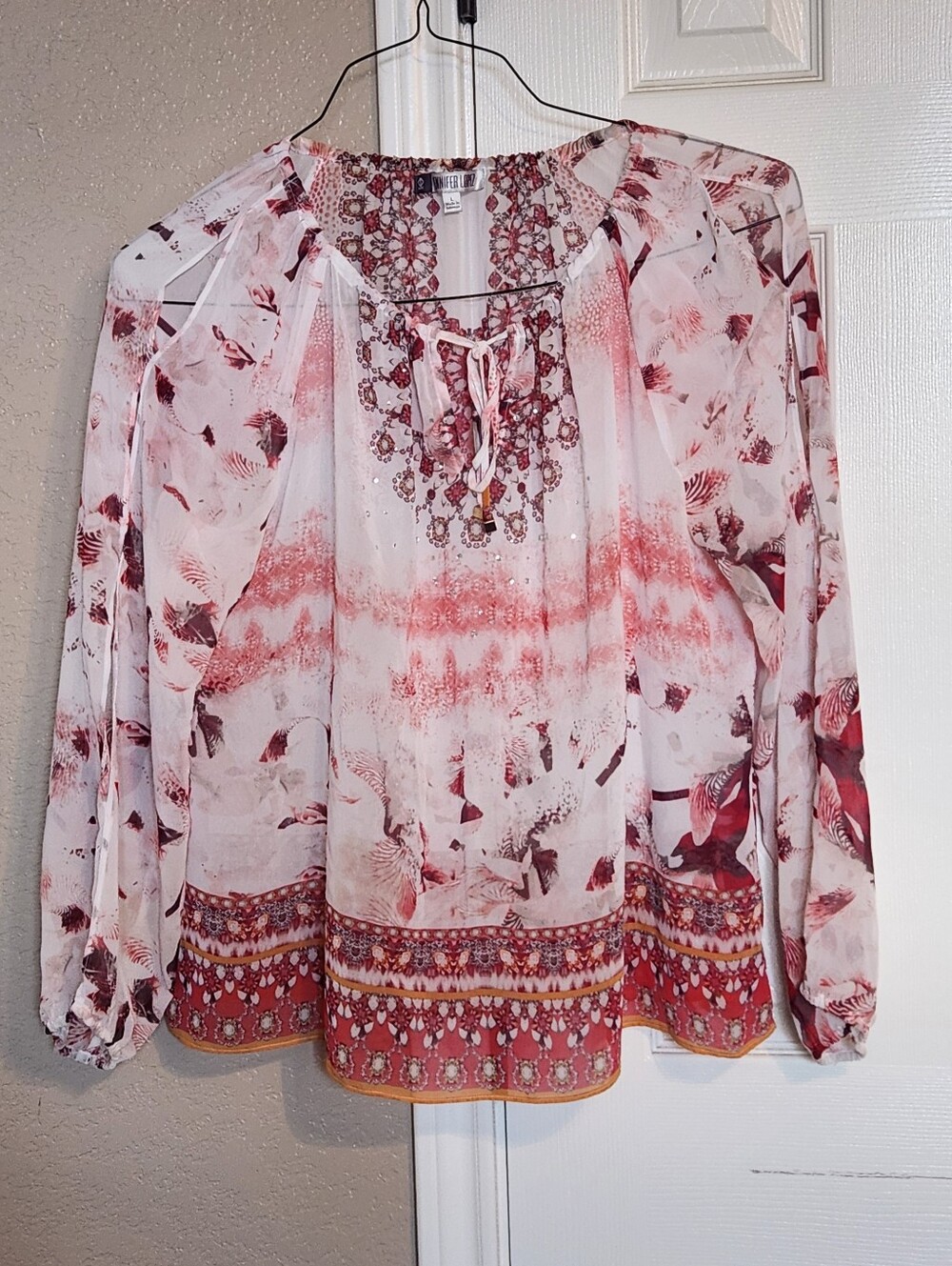 White & Red Boho Tie-Neck Blouse By Jennifer Lopez